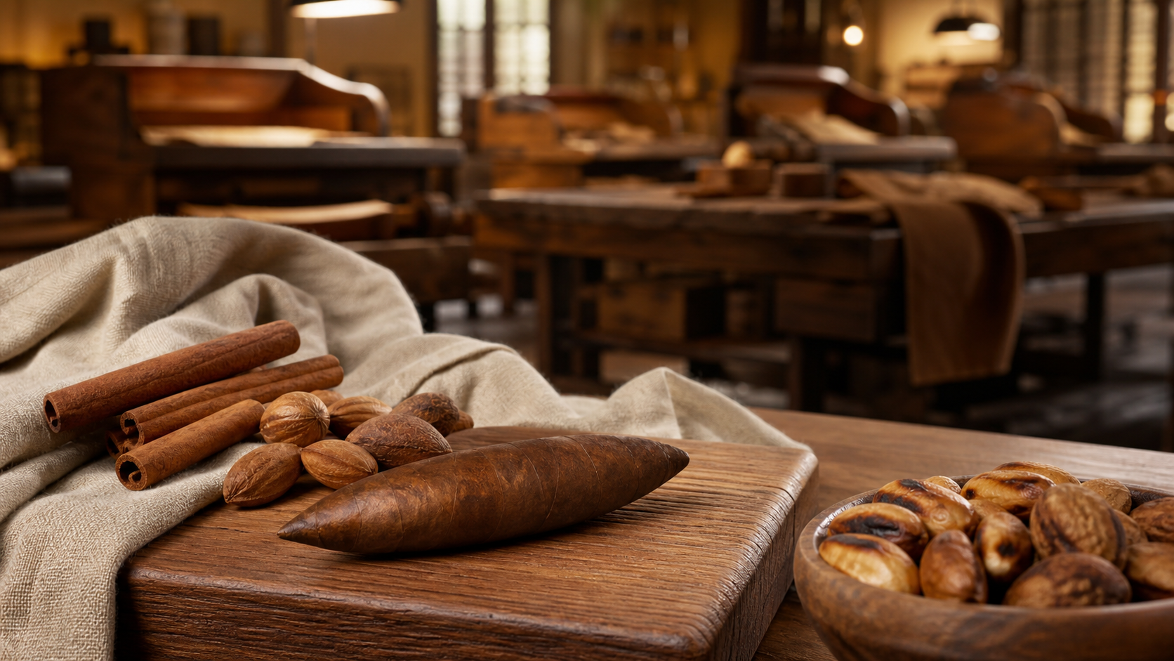 Unbranded small perfecto cigar beside cinnamon, toasted nuts, cedar, and a Dominican workshop background.