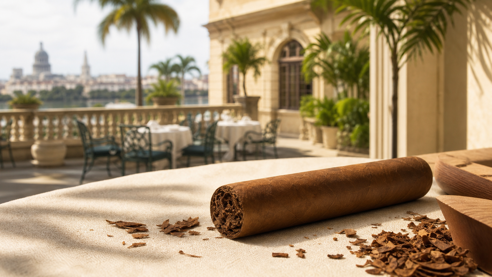 Unbranded robusto-extra cigar on cream linen with an elegant Havana terrace in the background.