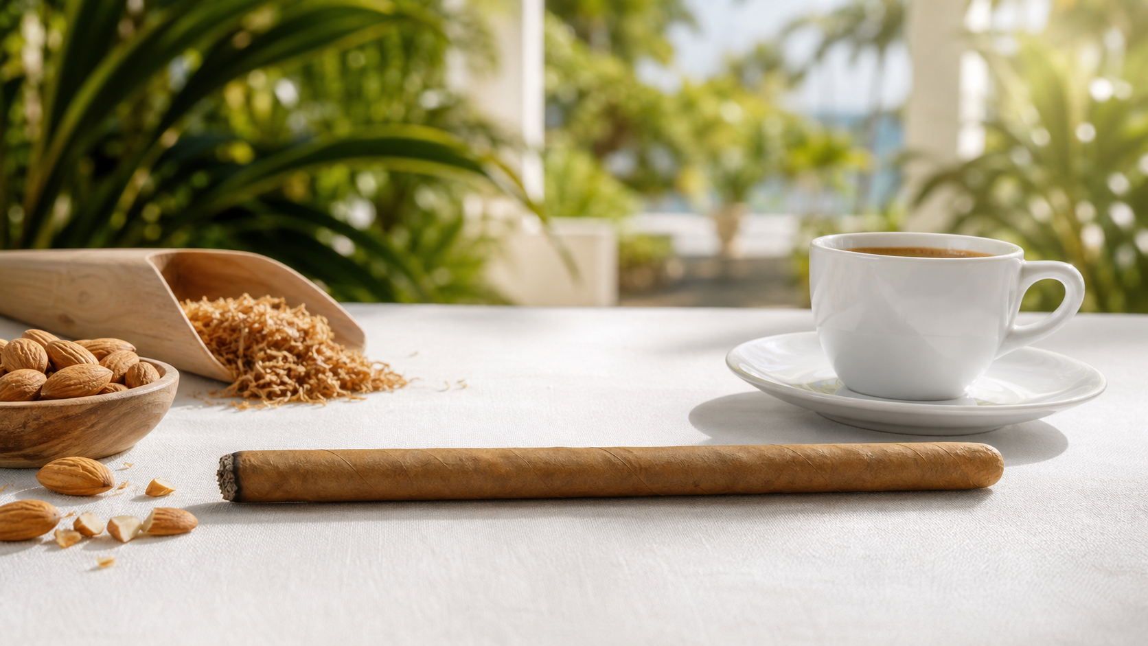 Unbranded slender panetela cigar on white linen with espresso, almonds, cedar, and tropical garden light.