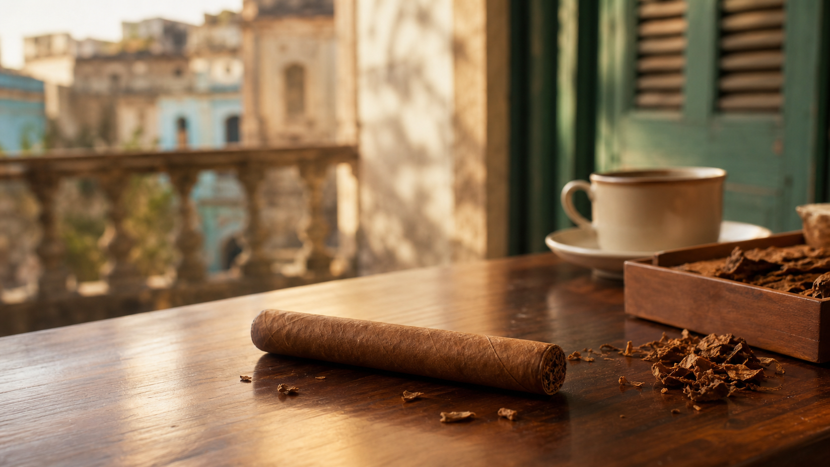 Unbranded petit corona cigar on a wooden Havana balcony table with coffee and tobacco leaf.
