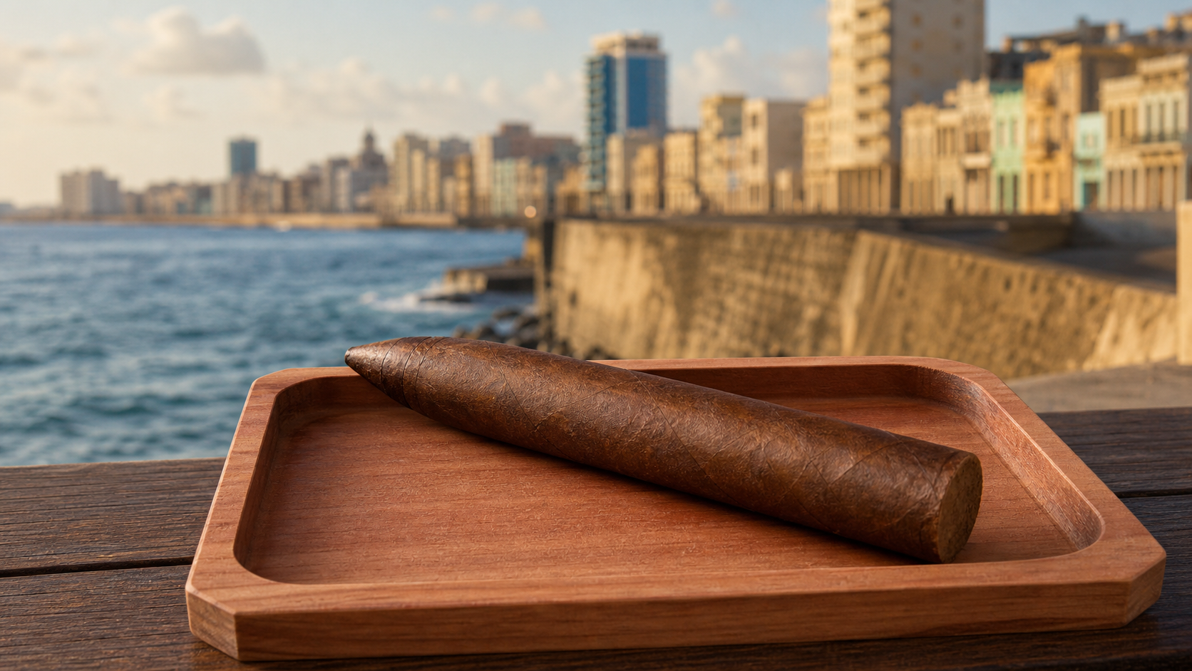 Unbranded torpedo cigar on a cedar tray with the Havana Malecon softly blurred behind it.