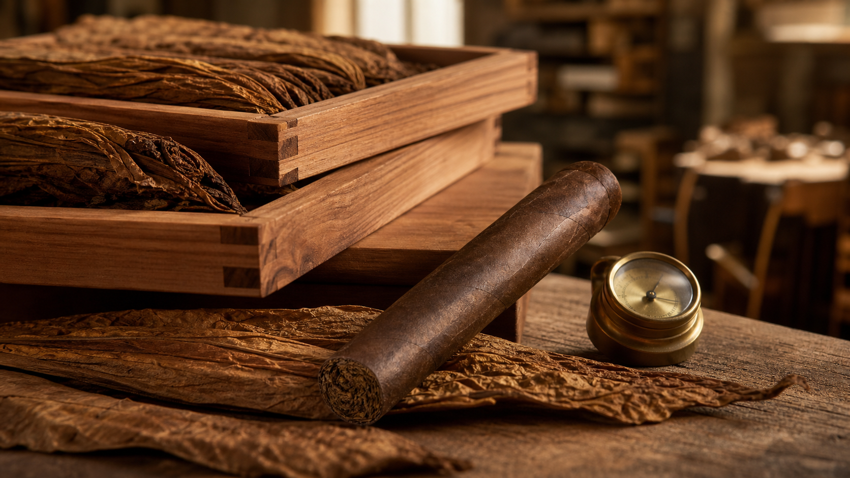 Unbranded box-pressed maduro robusto beside cedar ageing trays and tobacco leaves in a workshop.