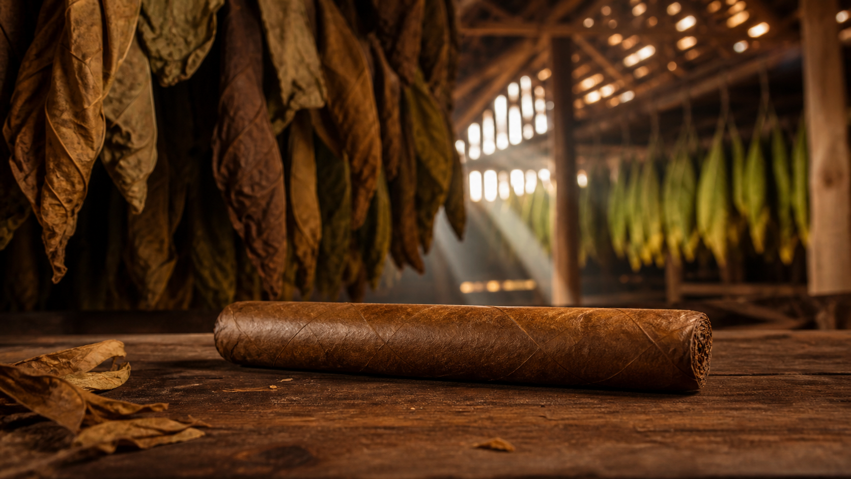 Unbranded robusto cigar on a rustic table inside a Cuban tobacco curing barn.