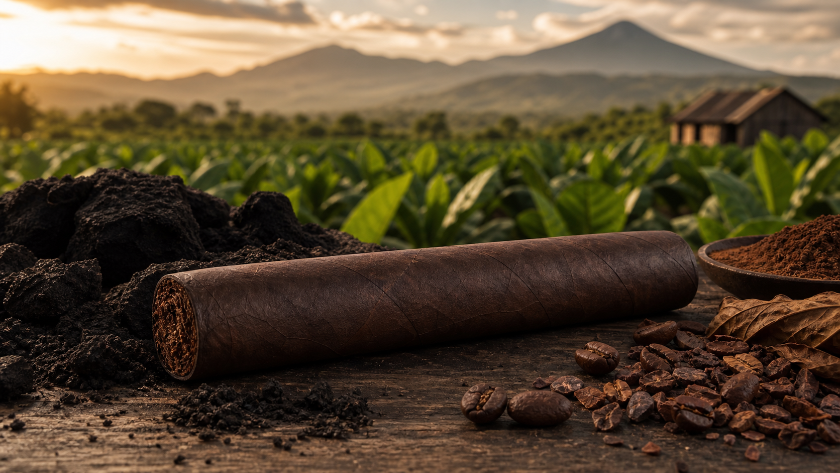 Unbranded box-pressed maduro cigar with volcanic soil, cocoa nibs, coffee beans, and Nicaraguan tobacco fields.